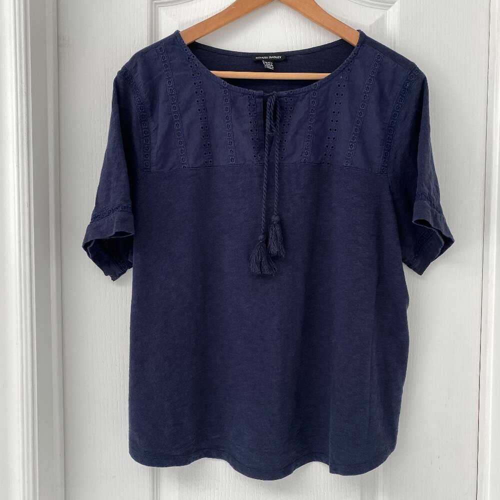 Hilary Radley - Navy Cotton Modal Boho Blouse XXL - Eyelet Detail Tassel Tie Top